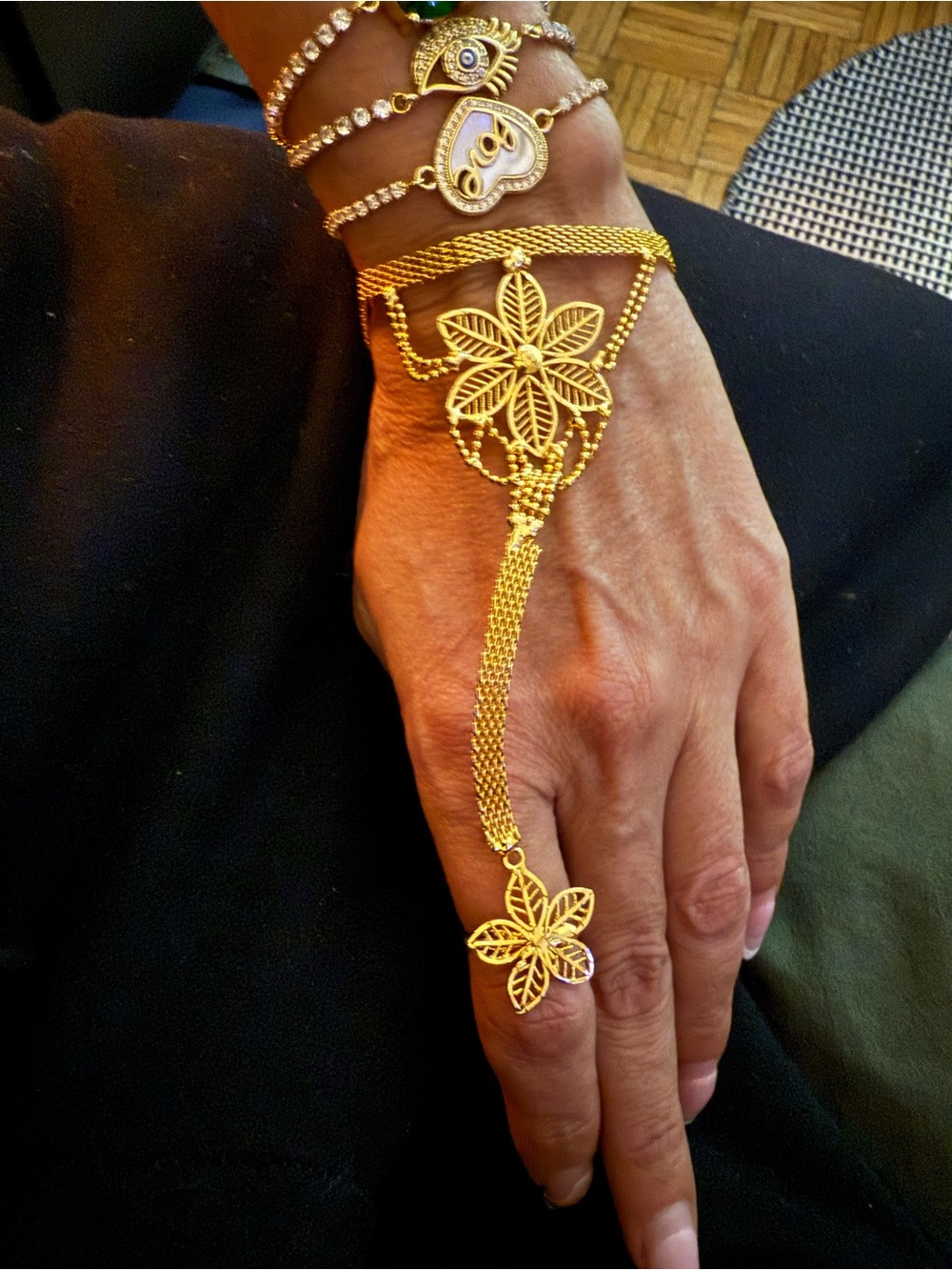 Gold Floral Hand Chain and Ring Set -